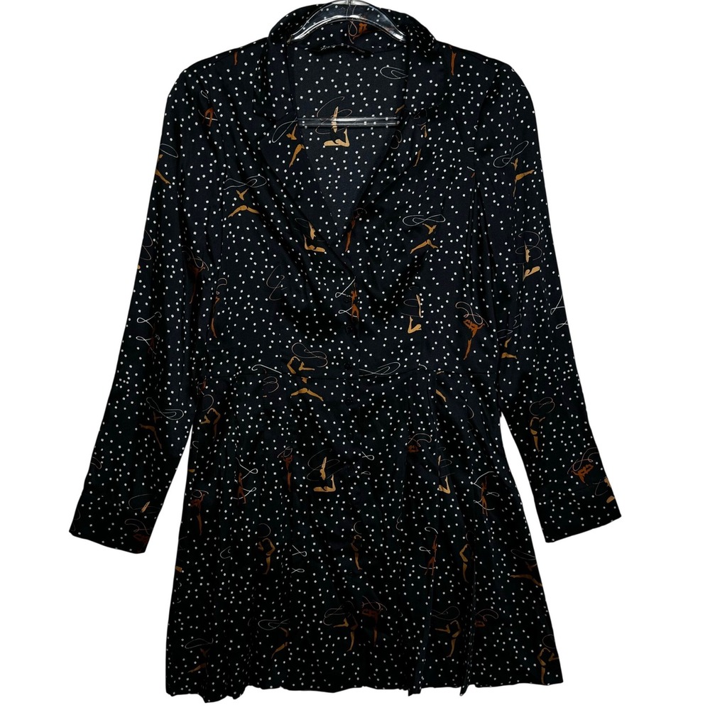 ZARA Gymnast Dancer Streamer Print Button Down Shirt Dress Navy Dark Blue Small - Picture 3 of 12
